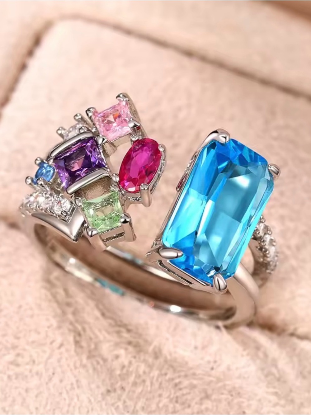 Multistone Silver Ring with Bright Blue Center and Colorful Accents. - Picture 4 of 8